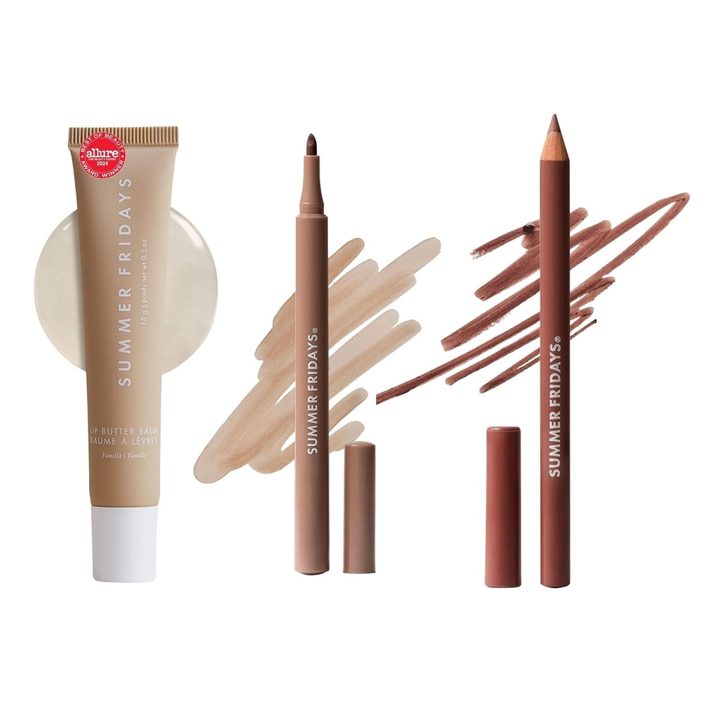 image:imageSummer Fridays Vanilla Lip Trio Lip Butter Balm Vanilla Flushed Lip Stain Almond SoftLine Lip Liner Toffee