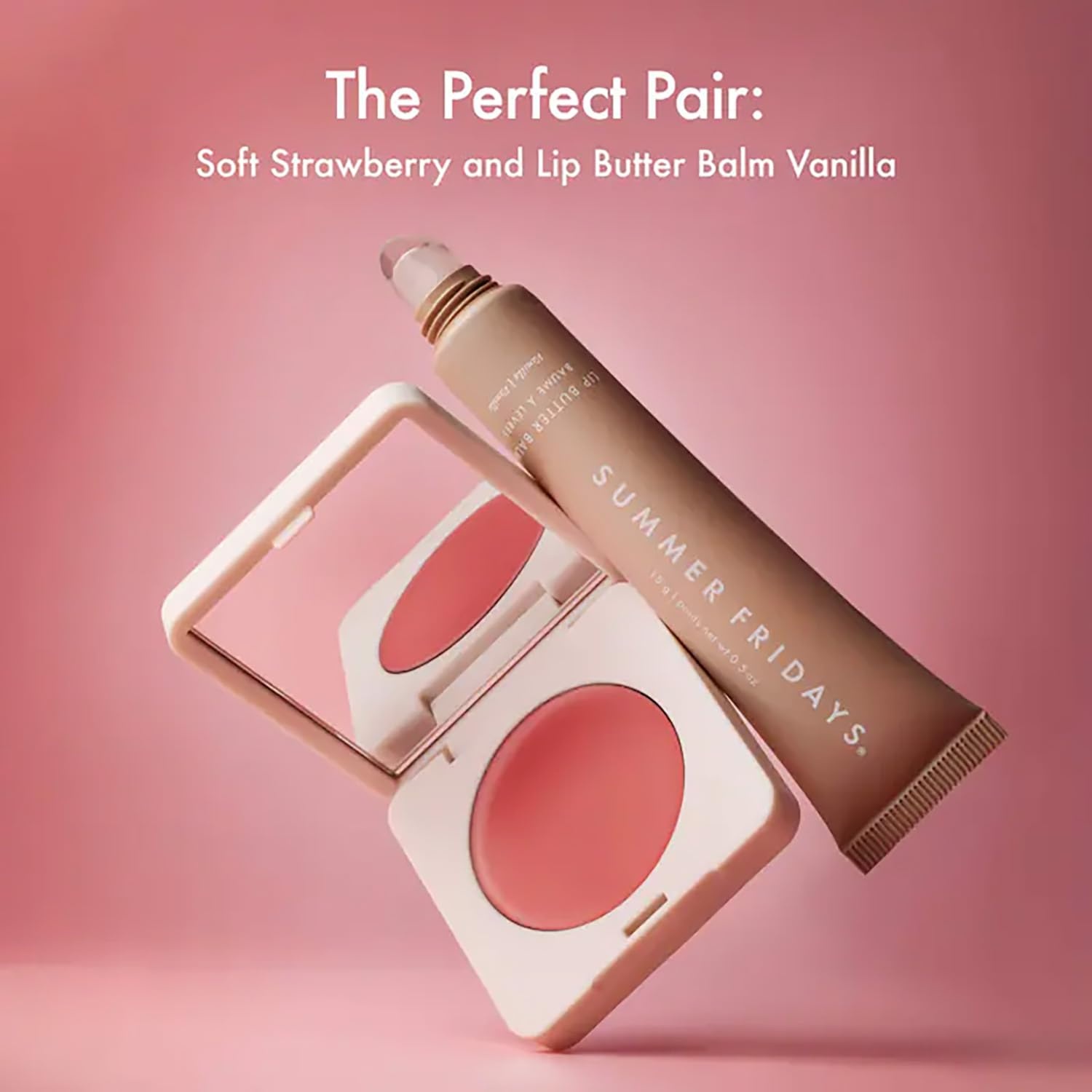 image:imageSummer Fridays Dewy Flush Duo The Blush Brush 1 Count Blush Butter Balm Soft Strawberry 014 Oz Blendable Cream Blush for Natural Hydrated Glow