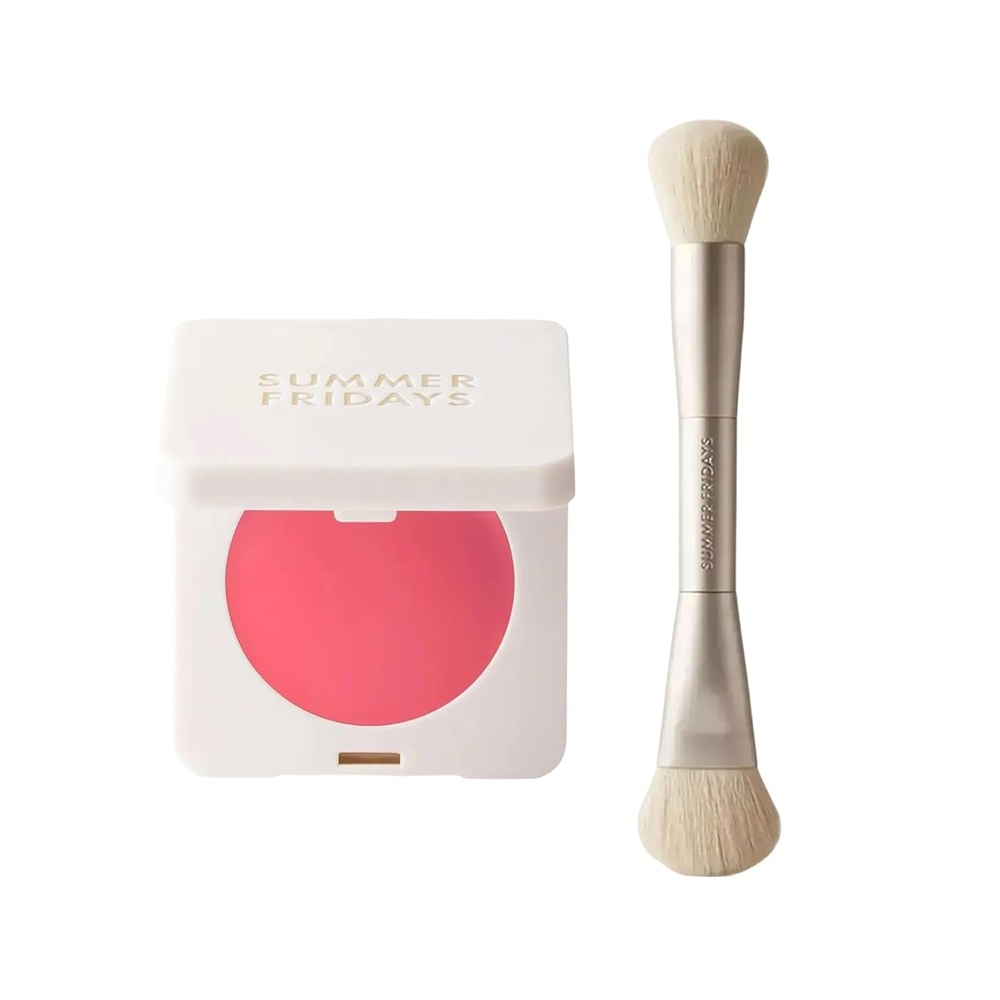 image:imageSummer Fridays Sunset Flush Duo The Blush Brush 1 Count Blush Butter Balm Pink Sunset 014 Oz Blendable Cream Blush for a Natural Dewy Glow