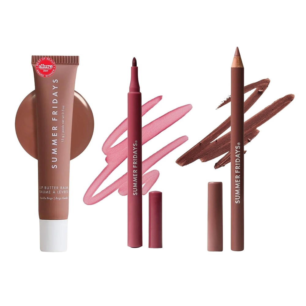image:imageSummer Fridays Vanilla Beige Lip Trio Lip Butter Balm Vanilla Beige Flushed Lip Stain Rosette SoftLine Lip Liner Cinnamon